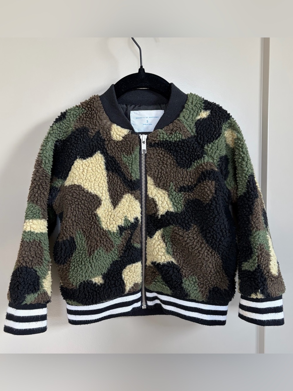 Kids Camo Sherpa Bomber Jacket - Black/Green/Brown - Rockets of Awesome